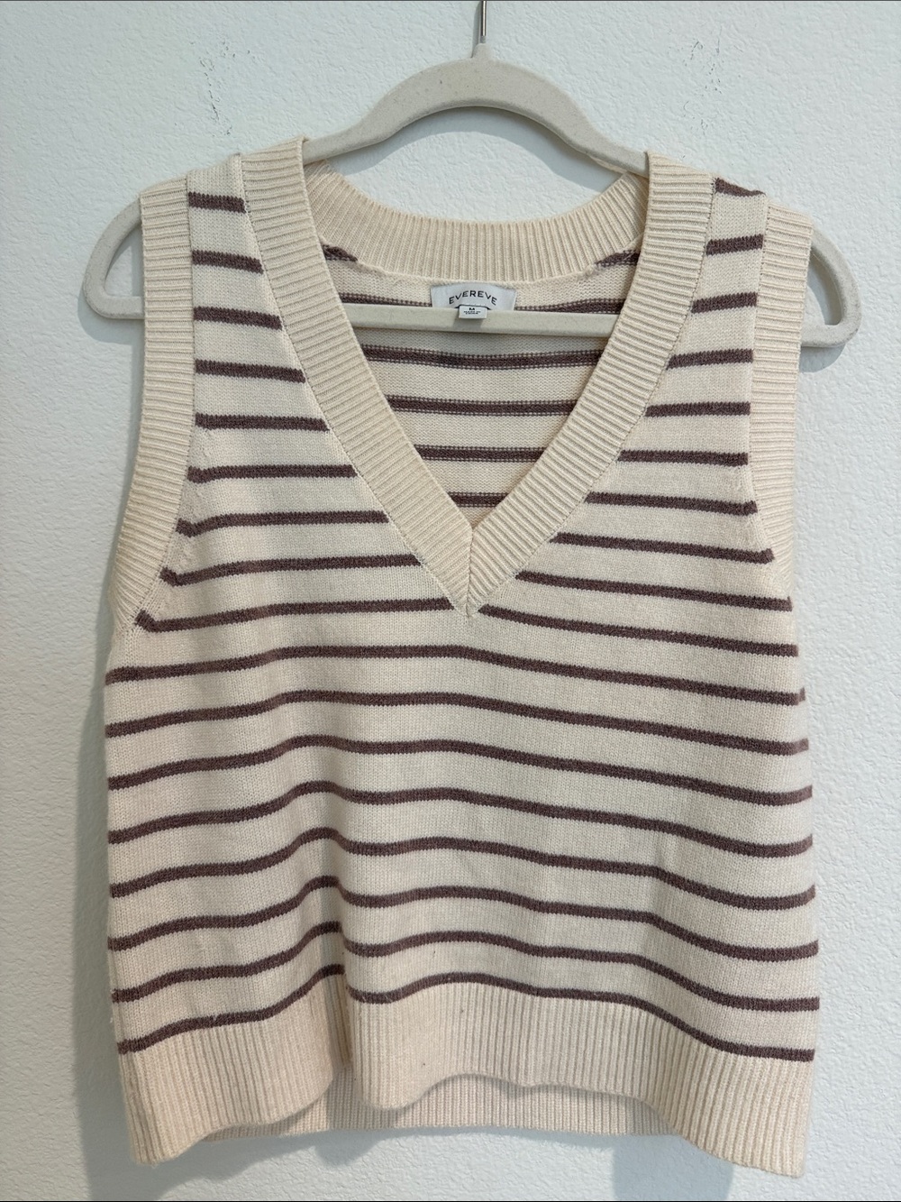 Evereve Cream and Brown Striped V-Neck Sweater Vest